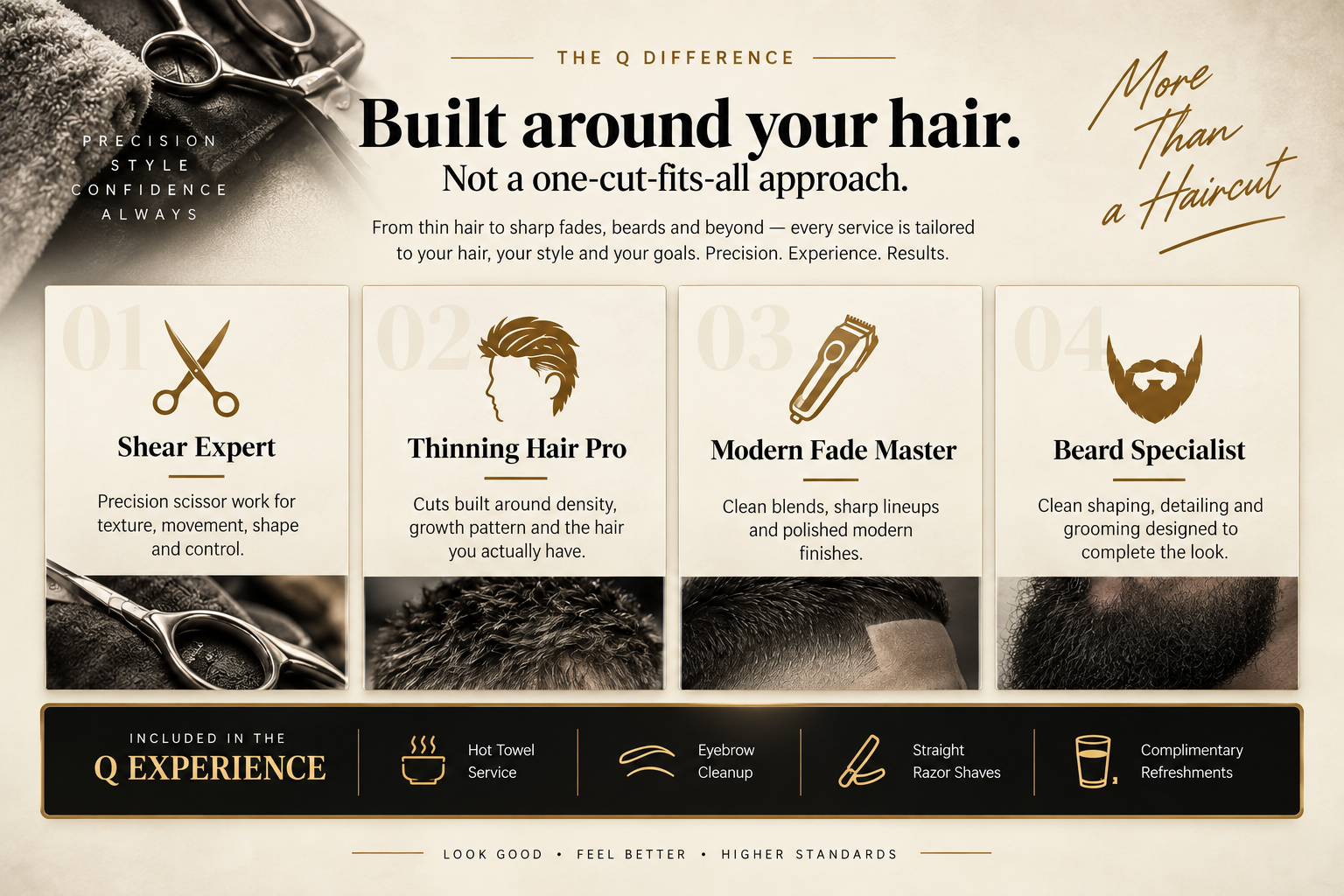 The Q Difference — Built around your hair. Shear Expert, Thinning Hair Pro, Modern Fade Master, Beard Specialist, and the Q Experience.